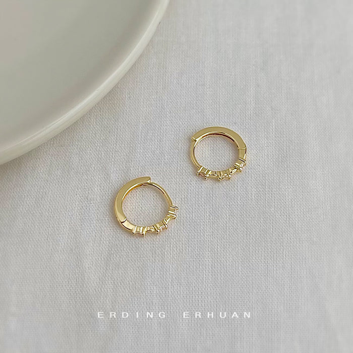 Gold Thin Huggie Hoop Bottom Crystal Row Earrings Pair