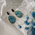 Black Top Blue Green Textured Rough Disc Drop Stud Earrings view 3