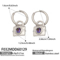 Oval Stone Lock Drop Hoop Earrings in Green and Purple view 8