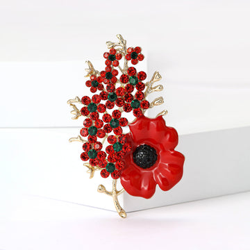 Red Enamel Poppy Rhinestone Branch Brooch Single Style