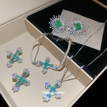 Silver Green Crystal Cross Necklace Bracelet Earring Pieces