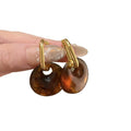 Amber Brown Round Disc Drop Hoop Earrings Matching Jewelry Pair view 5
