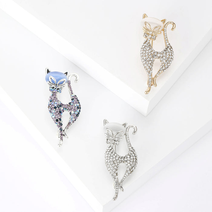 Long Crystal Cat Brooch With Faceted Crystals And Polished Metal Details