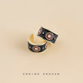 Gold Half Hoop Stud Earrings Black Enamel Red Daisy Flowers view 1