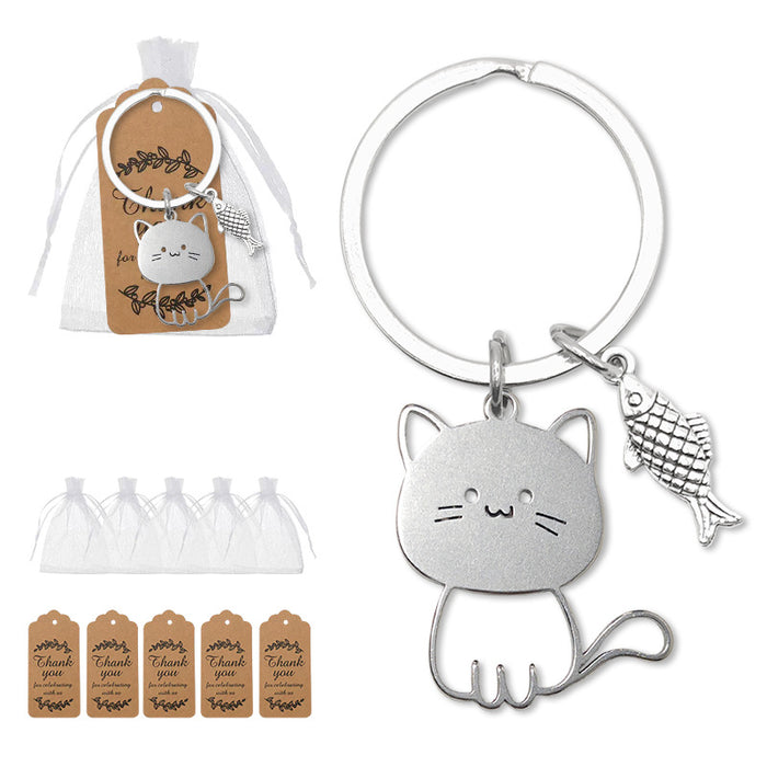 Silver Cute Cat Fish Charm Metal Keychain Split Ring