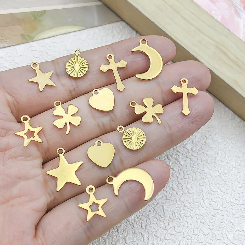Stainless Steel Heart Star Four Leaf Clover Cross Tag Charm Pendant for DIY Bracelet