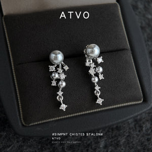 Grey Pearl Cascade Tassel Drop Earrings Silver CZ Stars