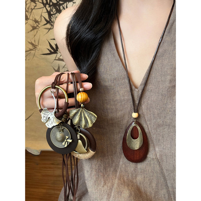 Long Cord Pendant Necklace in Four Wood and Metal Designs