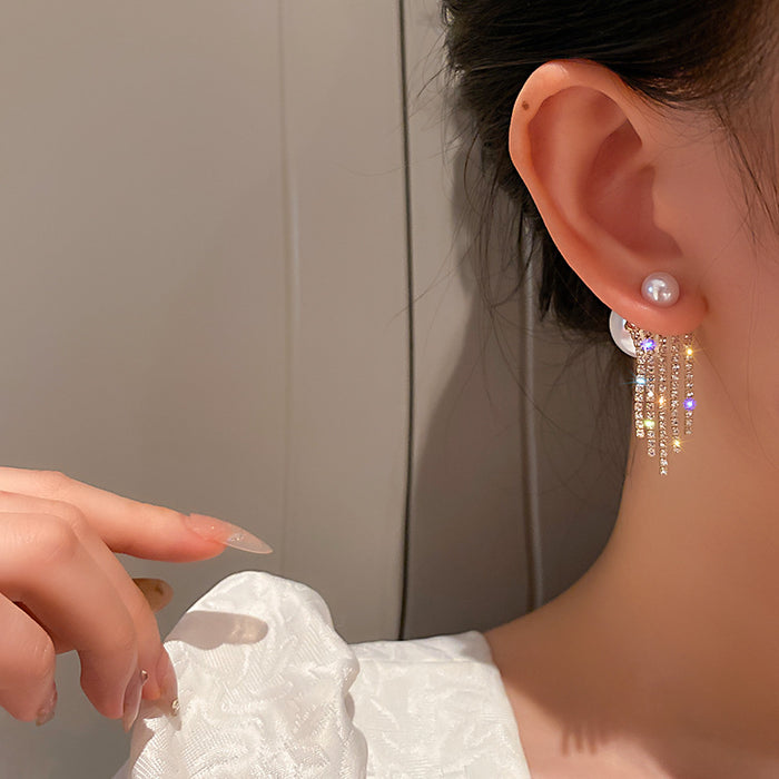 Pearl Top Earrings With Crystal Chain Fringe Fashion Jewelry Accessories