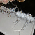 Silver Crystal Pearl Bow Necklace White Feather Tassel Earrings view 4