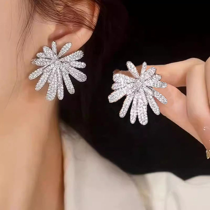 White Gold Pave Firework Starburst Clear Stud Earrings