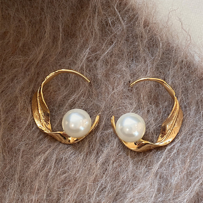 Gold Tone Curved Leaf Hoop Earrings with Pearls Fashion Jewelry