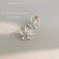 Gold Tone Clear Stone Top White Flower Cluster And Pearl Stud Earrings view 4