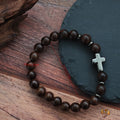Dark Wood Bead Cross Stretch Bracelet with Silver Tone Spacers view 5