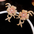 Pink Flower and Crystal Bow Stud Earrings in Two Tones view 6