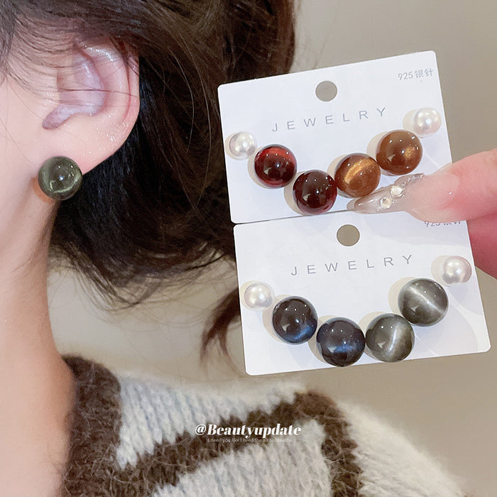 Resin Round Pearl Stud Earring Sets Three Color Combos