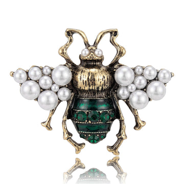 Antique Gold Bee Brooch Pearl Wings Enamel Abdomen Rhinestones
