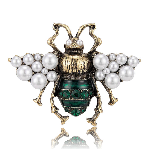 Green antique gold bee brooch with pearl wings and green abdomen