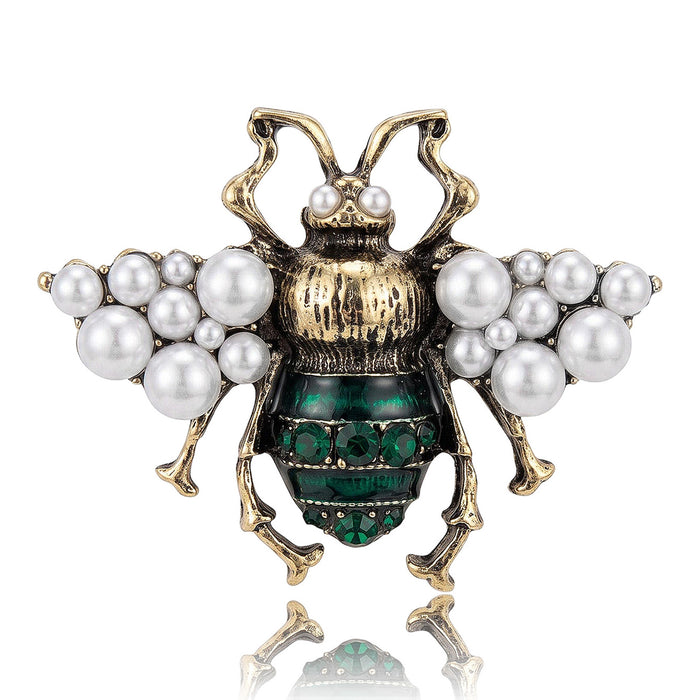 Antique Gold Bee Brooch Pearl Wings Enamel Abdomen Rhinestones