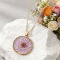 Gold Tone Round Pressed Flower Pendant Necklaces in Fourteen Designs view 7
