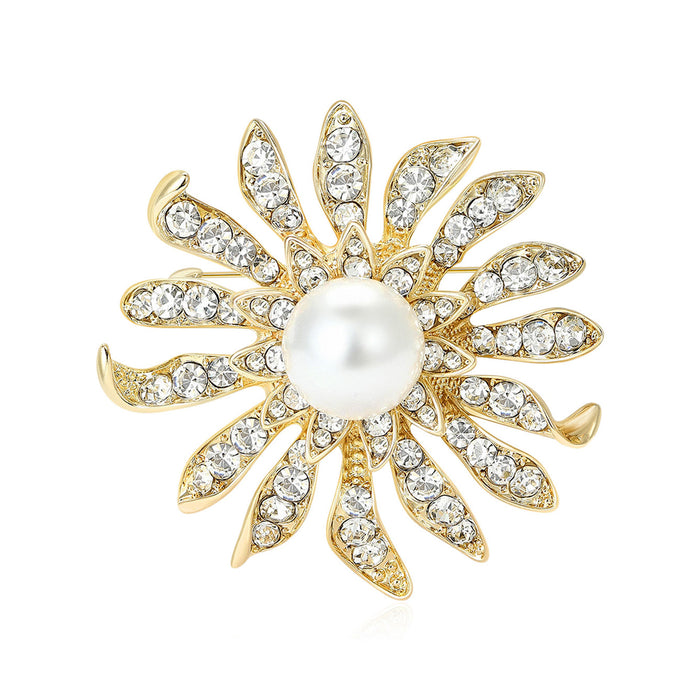 Crystal Sunflower Brooch with Pearl Center in Two Tones