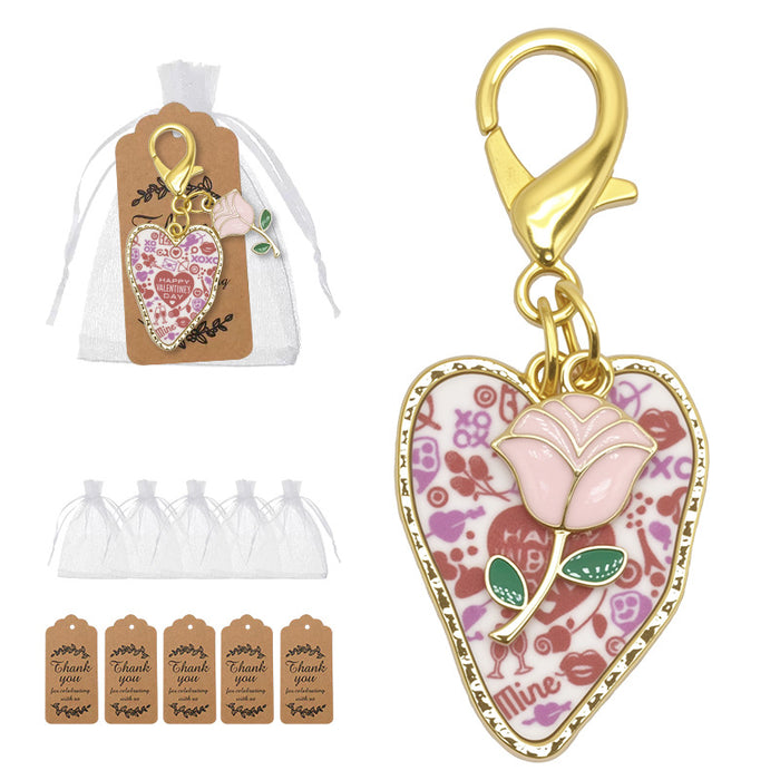 Valentine Heart Rose Enamel Lobster Clasp Keychain Charm
