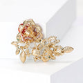 Red Rhinestone Rose Brooch Green Crystal Leaf Pearl Pin view 3
