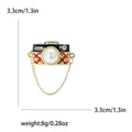 Enamel Camera Brooch With Pearl Lens Chain Gold Tone view 6