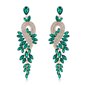 Aqua Green Green Peacock Leaf Tassel Crystal Four Designs Metal Dangle Earrings