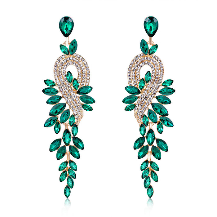 Aqua Green Green Peacock Leaf Tassel Crystal Four Designs Metal Dangle Earrings