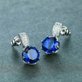 Silver Blue Round CZ Drop Stud Earrings with Pavé Bar view 2