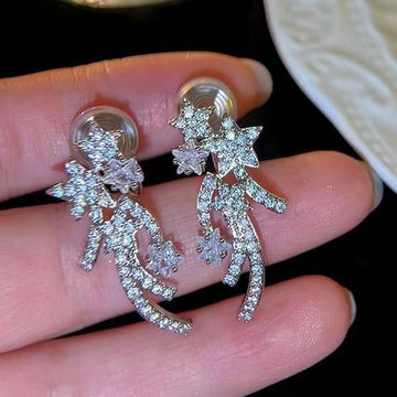 Silver Tone Shooting Star Clip On Earrings With Stone Tassels