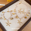 Pearl Bead Starfish Shell Necklace Bracelet Gold Earrings view 2
