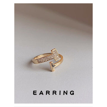 Gold Tone Open Adjustable T-Bar Pave Crystal Finger Ring