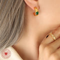 Gold C-Shape Hoop Earrings With Emerald Cut Green Zircon view 3