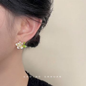 Rose Gold Cream Enamel Flower Green Leaf Stud Earrings