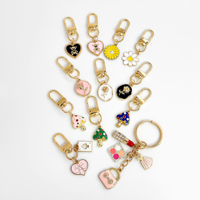 Enamel Mushroom Rose Heart Bear Daisy Charm Keychain in Gold Tone Alloy