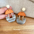 Orange Gray Geometric Drop Earrings with Distinctive Textured Details view 2