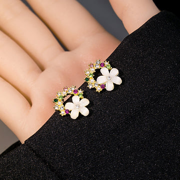 Multicolor Floral Wreath Clear Stone Small Stud Earrings