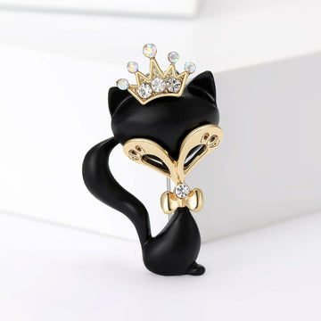 Black Matte Fox Crown Brooch Rhinestone Gold Bow Pin
