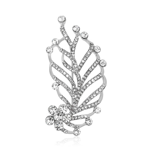 Silver-tone clear rhinestone leaf brooch front view