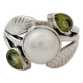 Antique Silver Leaf Pearl Ring With Green Teardrop Stones view 2