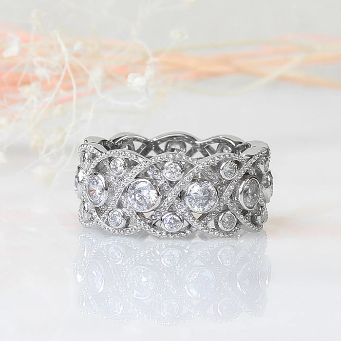 Gold Silver Lattice Clear Stone Wide Band Ring Sizes 6-10