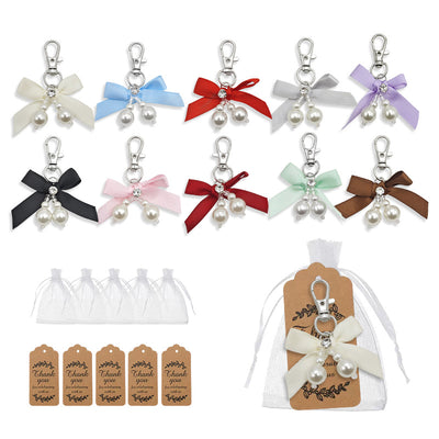 Ten pearl bow keychains with organza bags and thank-you tags