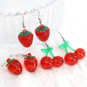 Silver Tone Strawberry and Cherry Fruit Resin Hook Earrings