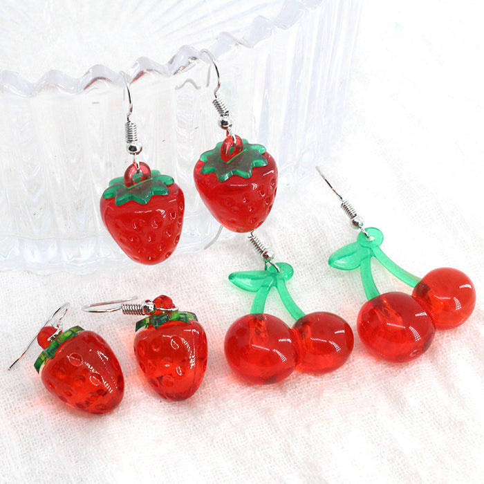 Silver Tone Strawberry and Cherry Fruit Resin Hook Earrings
