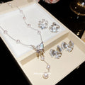 Silver Butterfly Pearl Y Necklace Bow Flower Stud Earrings view 3
