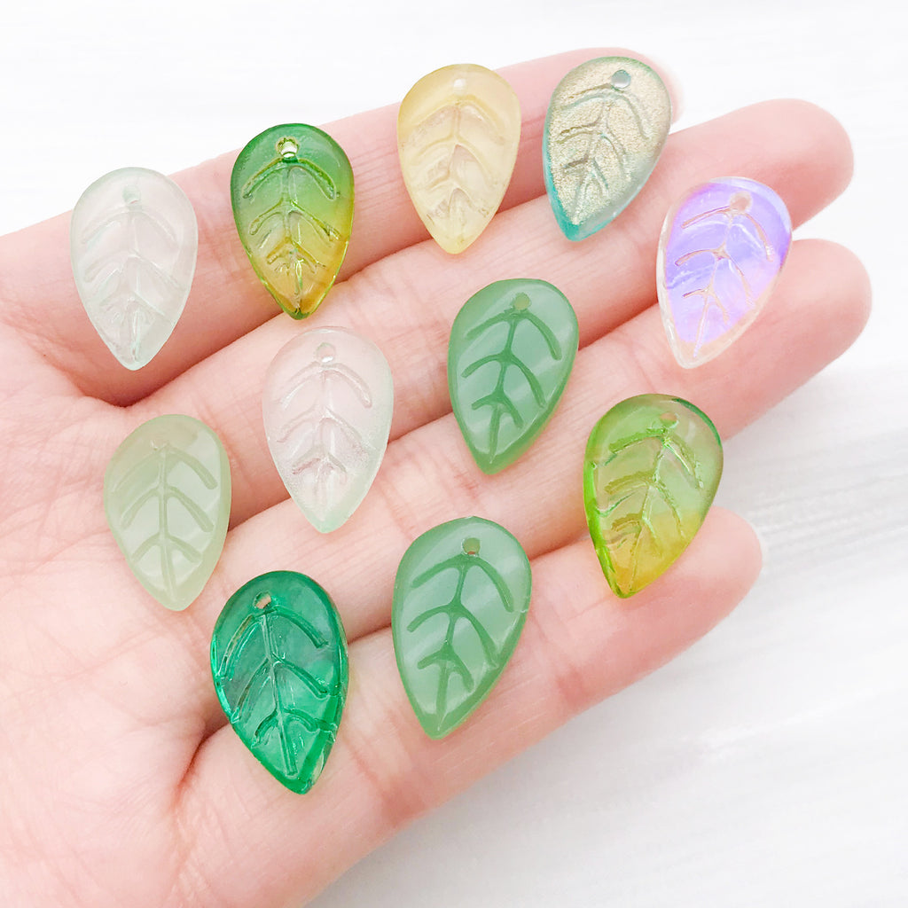 Vintage Green Glass Strawberry Leaf Charm Pendant for Hairpin, Necklace and Earrings