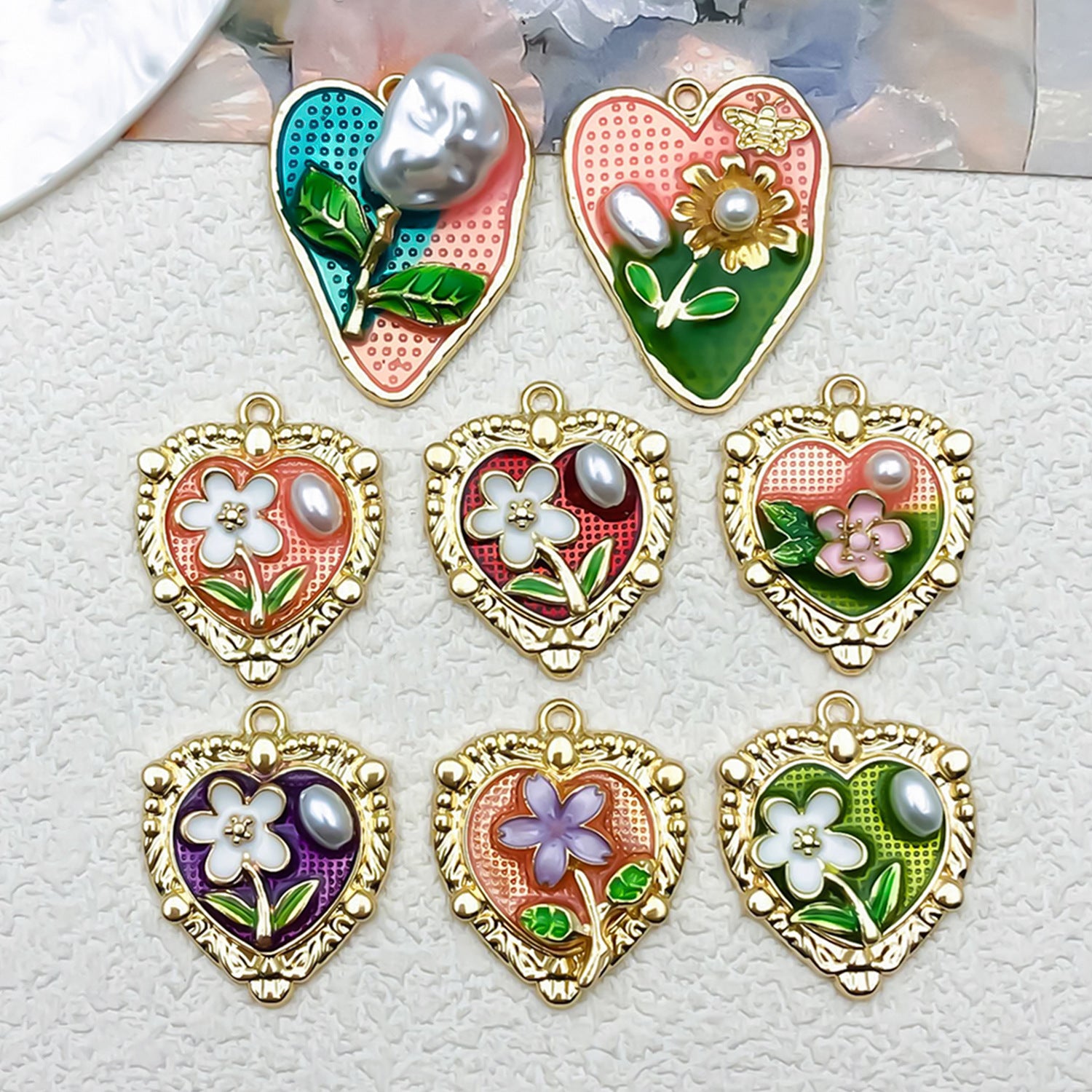 Zinc Alloy Enamel Heart Oil Painting Flower Charm Pendant for DIY Earrings Necklace