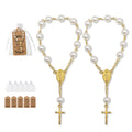 White Pearl Gold Crucifix Rosary Bracelet Medal Charm view 1